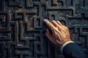 Hand interacting with a textured maze-like wall, exploring intricate patterns in a modern setting photo