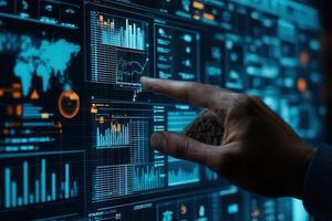 Hand interacting with digital data display, showcasing analytics and graphs in a tech environment photo