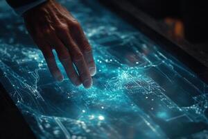 Futuristic hand interacting with a glowing touchscreen interface displaying data analytics photo