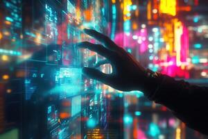 Futuristic hand interacting with a glowing digital interface amidst vibrant neon city lights photo