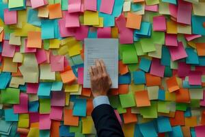 Hand placing a document on a vibrant wall covered with colorful sticky notes in an office photo