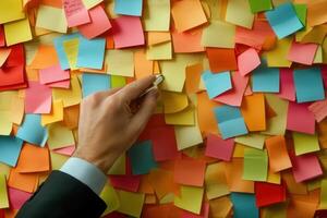 Hand placing sticky note on colorful wall of reminders in an office setting photo