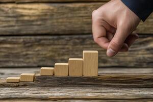 Hand placing wooden blocks in ascending order on a rustic wooden surface, symbolizing growth photo