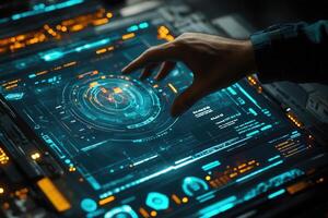 Futuristic hand interacting with a holographic interface displaying digital data and graphs photo