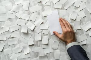 Hand reaching for a blank card among scattered white cards on a textured surface photo