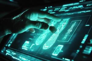 Futuristic hand interacting with holographic display showcasing anatomical data and analysis photo