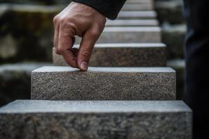 Hand reaching for a stone step in a serene outdoor setting with blurred background photo