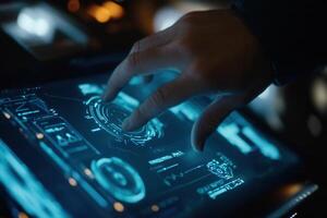 Futuristic touchscreen interface interaction with a hand, showcasing advanced technology in action photo