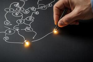 Hand tracing a complex diagram with glowing points on a chalkboard, illustrating ideas photo