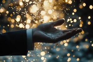 Hand reaching out with water droplets against a sparkling background, symbolizing hope photo