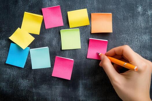 Hand writing on colorful sticky notes arranged on a chalkboard background, brainstorming ideas photo
