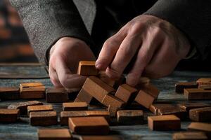 Hands skillfully arranging wooden blocks on a rustic table, showcasing creativity and focus photo