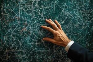 Professional hand reaching out to a chaotic chalkboard filled with scribbles and notes photo