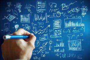 Hand drawing business graphs and charts on a blue background in a creative workspace photo