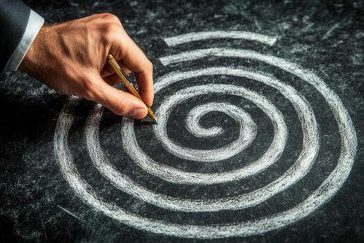 Hand drawing a spiral pattern with chalk on a dark surface, showcasing creativity and focus photo
