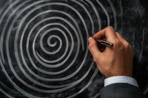 Hand drawing spiral pattern on blackboard with chalk, creating a mesmerizing design photo