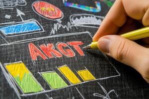 Hand drawing colorful graphs and letters on a chalkboard in an educational setting photo