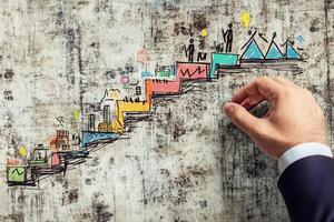 Hand illustrating growth steps with colorful sketches on a textured wall background photo