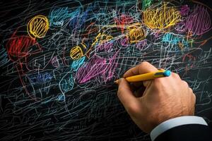 Hand holding a yellow pen, drawing colorful abstract shapes on a blackboard background photo