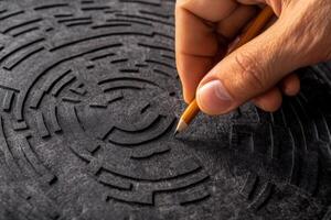 Hand drawing intricate patterns on textured black surface with a pencil, showcasing creativity photo
