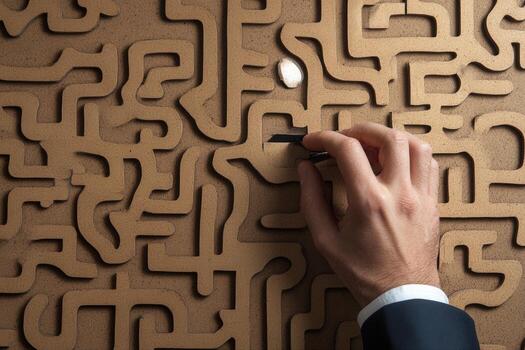Hand navigating a complex maze on textured surface, symbolizing problem-solving and strategy photo