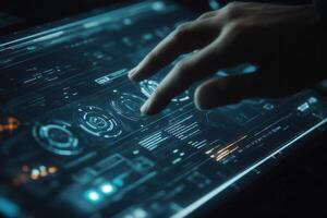 Hand interacting with a futuristic touchscreen display showcasing data and analytics photo