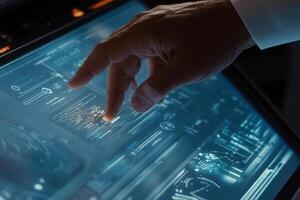 Hand interacting with a futuristic touchscreen interface displaying complex data visuals photo