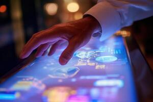 Hand interacting with a futuristic touchscreen interface in a modern, illuminated setting photo