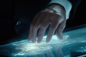 Futuristic hand interacting with a glowing digital map in a high-tech environment photo