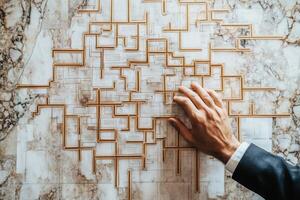 Hand placing geometric shapes on a marble surface, showcasing design and creativity photo