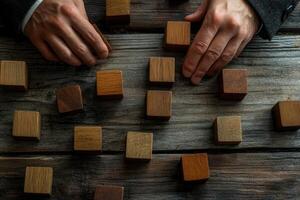 Hands arranging wooden blocks on a rustic table, showcasing creativity and focus photo