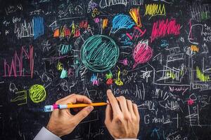 Hands holding a pencil over a colorful chalkboard filled with graphs and drawings photo