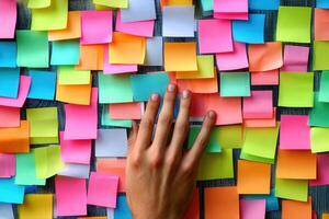 Hand reaching out to colorful sticky notes on a wooden surface, showcasing creativity and organization photo