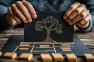 Hands holding a black card with a golden tree design, on a wooden table with blocks photo