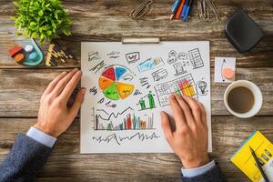 Hands analyzing colorful charts and graphs on a wooden desk surrounded by office supplies photo