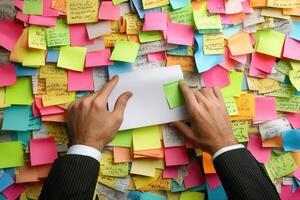 Hands placing a blank envelope among colorful sticky notes on a cluttered workspace photo