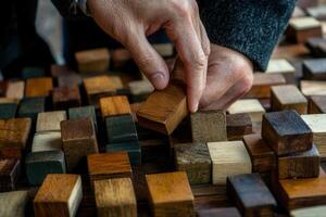 Person carefully selecting a wooden block from a colorful assortment at a craft fair photo