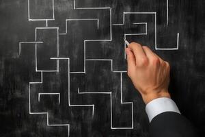 Hand drawing a complex maze on a chalkboard with a business suit, symbolizing problem-solving photo