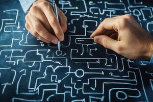 Hands sketching a complex maze on a dark surface, symbolizing problem-solving and creativity photo