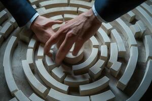 Two hands navigating a complex maze made of white blocks, symbolizing problem-solving photo