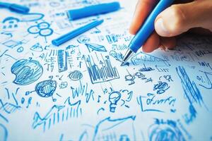 Hand holding a blue pen, sketching creative ideas on paper filled with doodles and diagrams photo