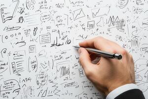 Hand holding pen over chaotic notes and graphs on paper, illustrating brainstorming session photo