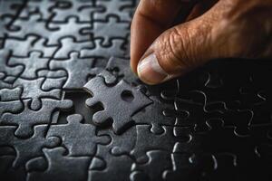 Hand placing a puzzle piece into a nearly completed black puzzle on a table photo