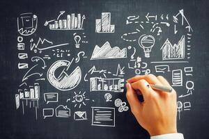 Hand sketching business graphs and charts on a chalkboard, illustrating market analysis photo