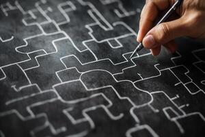Hand drawing a complex maze on a chalkboard, illustrating creativity and problem-solving photo