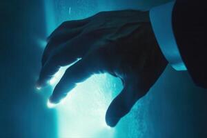 Hand reaching towards a glowing surface in a dimly lit environment, suggesting exploration photo