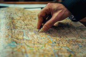 Hand marking a route on a detailed map, showcasing navigation in a busy urban area photo