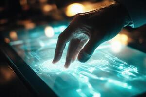Hand interacting with a glowing holographic interface, showcasing technology in action photo