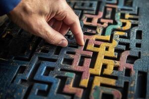 Hand interacting with colorful wooden puzzle, showcasing intricate patterns and textures photo