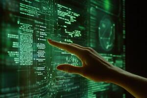 Hand reaching towards a glowing digital interface displaying complex data and graphs photo